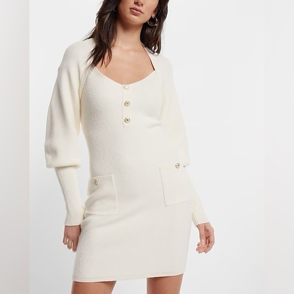 Square Neck Balloon Sleeve Novelty Button Mini Sweater Dress - Picture 1 of 14